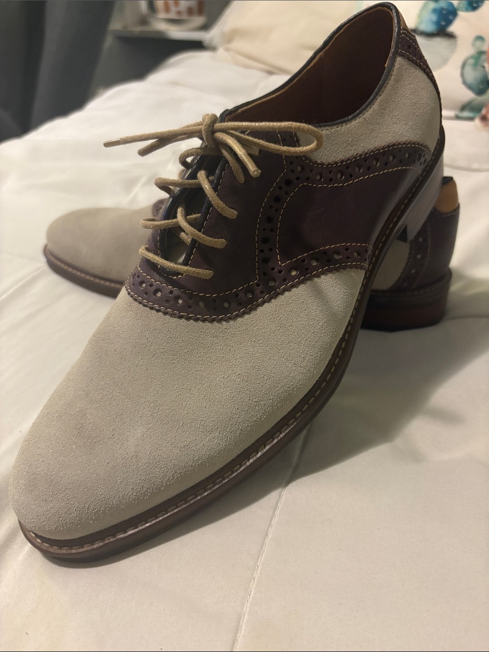 Two-Tone Beige Suede and Brown Leather Wingtip Derby Shoes